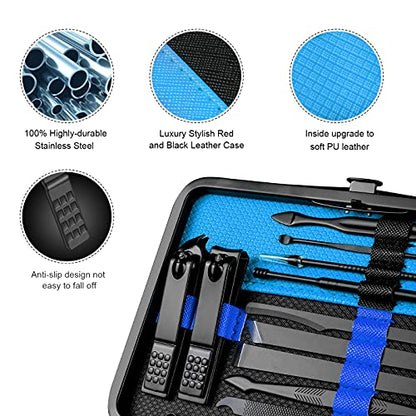 Professional Stainless Steel Nail Clipper Travel & Grooming Kit Nail Tools Manicure & Pedicure Set of 18pcs with Luxurious Case (Black/Blue) - color: Black/Blue