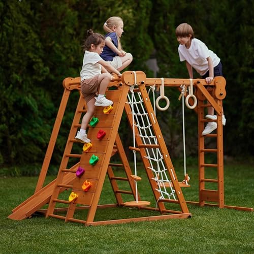 Avenlur 8-in-1 Small Indoor/Outdoor Playset – Foldable Wooden Kids Play Set for Backyard – Kid Playground for Toddlers Age 2–6 with Slide, Monkey Bars, 2 Ladders, 2 Swings, Rock Climbing, Gym Rings - color: Natural Indoor/Outdoor, size: X-Large (LxWxH): 8