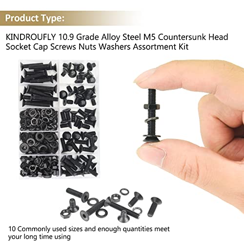 242 Pieces Black M5 x 6/8 /10/12 /16/20 /25mm Countersunk Head Socket Cap Screws Nuts Washers Assortment Kit, 10.9 Grade Alloy Steel - size: M5, style: Countersunk Head