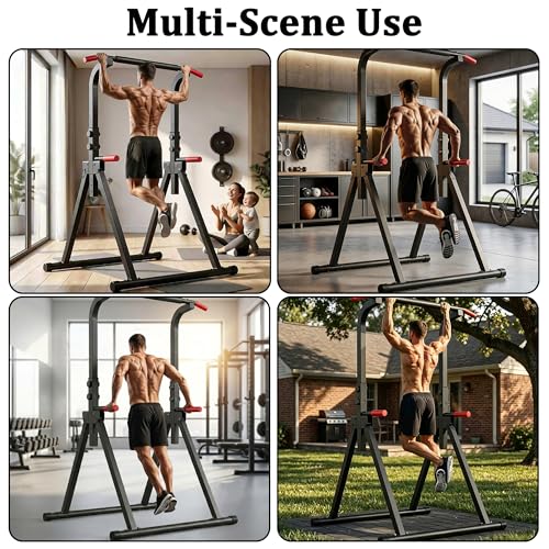 Power Tower, Foldable Dip Station & Pull Up Bar Stand, 6-Level Adjustable Height, 440lbs Heavy-Duty Strength Training Equipment for Home Gym