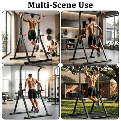 Power Tower, Foldable Dip Station & Pull Up Bar Stand, 6-Level Adjustable Height, 440lbs Heavy-Duty Strength Training Equipment for Home Gym