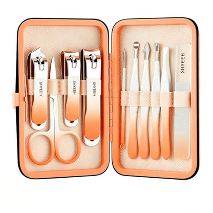 Manicure Set, 10 pcs High-Carbon Steel Nail Clippers Set, Portable Mini Manicure and Pedicure Kit, Travel Grooming Nail Kit with Leather Bag for Men and Women - color: Orange