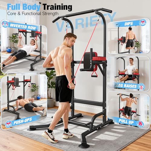 Dskeuzeew Pull Up Bar Free Standing for Multi-Function Home Gym Strength, Pull Up Dip Station Assistive Trainer Height Adjustable, Power Tower Training Heavy-Duty Fitness Equipment - color: Black Red