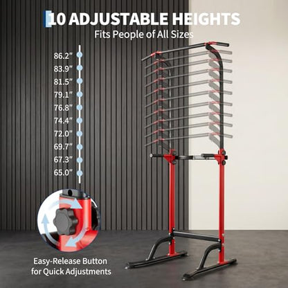 Power Tower Home Gym Strength Training Station Adjustable 10 Height Levels, Heavy-Duty Chin-Up Tower with Parallel Dip Handles, Bodyweight Workout Equipment for Pull-Ups, Dips, Knee Raises, Push-Ups, 330 Lb Capacity - color: Red