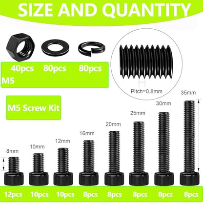 273Pcs M5 Screw,M5x8/10/12/16/20/25/30/35mm Screws kit,Hex Socket Head Cap Bolts,12.9 Grade Black Zinc Plated for 3D Printer - size: M5x8/10/12/16/20/25/30/35mm