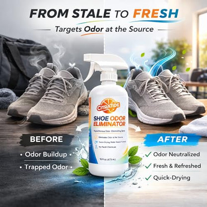 Shoe Odor Eliminator Spray – Water-Based Deodorizer & Sneaker Refresher – Neutralizes Odors in Gym Shoes, Boots, Cleats & Work Shoes – Fresh Athletic Formula – 16 oz
