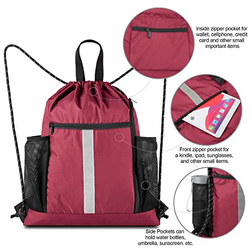 BeeGreen Gym Sack Drawstring Bag Sports String Backpack with Shoe Compartment and Two Water Bottle Holder for Unisex Men Women Heavy Duty Cinch Sackpack - color: Maroon, style: Drawstring With Shoe Compartment