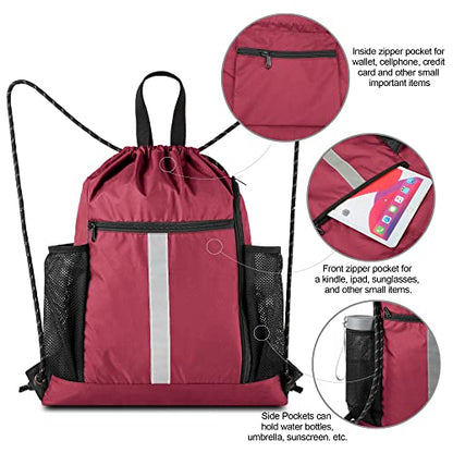 BeeGreen Gym Sack Drawstring Bag Sports String Backpack with Shoe Compartment and Two Water Bottle Holder for Unisex Men Women Heavy Duty Cinch Sackpack - color: Maroon, style: Drawstring With Shoe Compartment