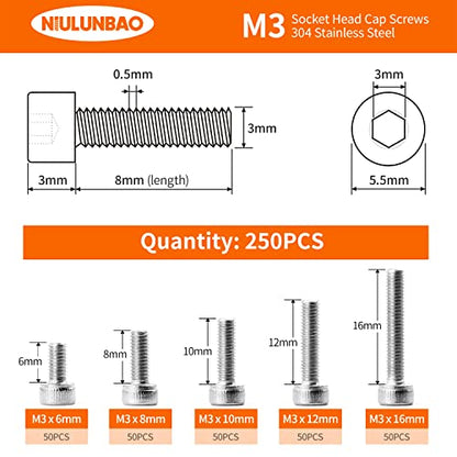 M3 x 6mm 8mm 10mm 12mm 16mm Hex Socket Head Cap Screws Bolts, 304 Stainless Steel, Metric Machine Fully Threaded, Bright Finish, Allen Hex Drive, Assortment Kit 250PCS - size: M3 x 6/8/10/12/16mm (250PCS)