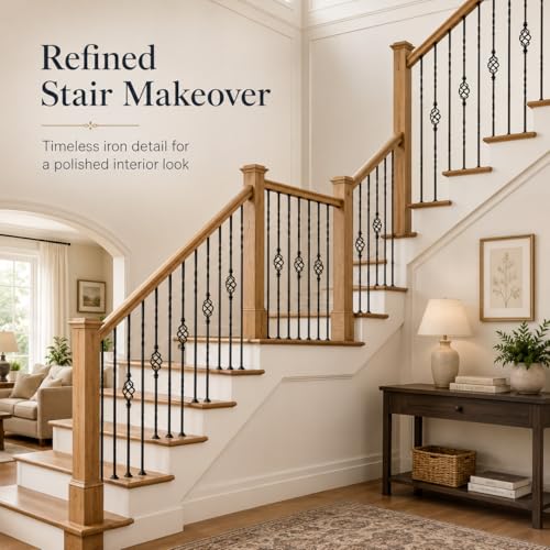 10 Pack 44 Inch Double Twist Iron Balusters with Swivel Shoes | Hollow 1/2 inch wrought iron balusters with double twist baskets and swivel shoes for angled or flat indoor stairs.