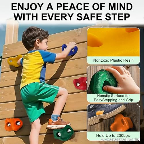 KINSPORY 17 Pack Playground Accessories for Kids - 10pc Colourful Rock Climbing Holds, 4pc Climbing Handles & Grips, 2pc Play Phones and Steering Wheel for Wooden Playset, Swing Set & Tree House