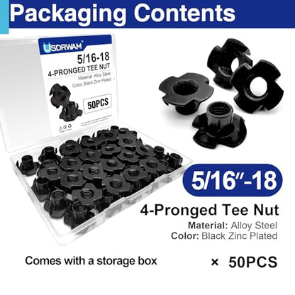 50PCS 5/16"-18 T Nuts for Wood, Carbon Steel 4-Prong Tee Nuts | Threaded inserts for wood panels, furniture and climbing wall holds - color: 50 Pack 5/16"-18