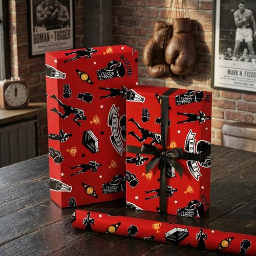 Liobelon Boxing Wrapping Paper Roll, Sports Gift Wrap with Boxing Gloves, Punching Bag, Champion Belt & Boxer Design – for Birthday, Father’s Day, Fight Fan Presents, 17 Inch X 16.4 Feet - color: Boxing