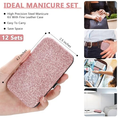 Geosar 12 Sets Manicure Set Nail Clippers Pedicure Kit 8 in 1 Grooming Stainless Steel Kits Nail Care Tools with Travel Case for Employee Coworker Teachers Nurse Gifts(Glitter Pink) - color: Glitter Pink