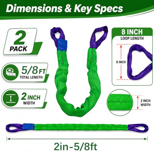 2" x 5' Lifting Slings Straps Polyester Heavy Duty Web Slings 4400 Lbs Vertical, 3520 Lbs Choker, 8800 Lbs Basket 2-Pack (Green/Purple) - size: 2 Inch x 5 Feet(2-Pack)