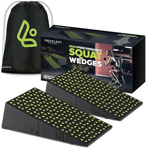 Flexelent Heel Elevated Squat Wedge Block Pair, 17° Angle, Bag Included | Pair of oversized squat wedges with textured surfaces for deeper squats, heavy lifting and better form - color: Lime Green