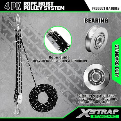 XSTRAP STANDARD Heavy-Duty 50 FT Reflective Rope Hoist Pulley System, Black | Metal Wheels Bearing 2000 LB Breaking Strength Block and Tackle Pulley System for Lifting Heavy Objects, with 2pcs Soft Loops - color: 50 Ft+Reflective Silver Black+2 Soft Loops