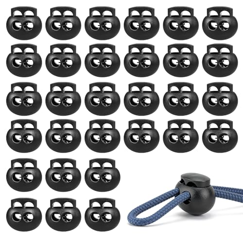 30 Pcs Black Plastic Spring Cord Lock Toggle Stopper, Double Hole Drawstring Cord Lock Fastener for Hoodies, Paracord, Shoelaces, Elastic Ropes and Bags