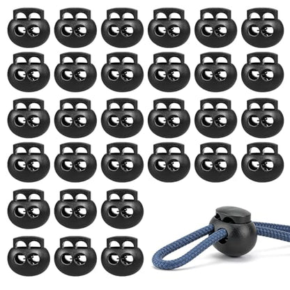 30 Pcs Black Plastic Spring Cord Lock Toggle Stopper, Double Hole Drawstring Cord Lock Fastener for Hoodies, Paracord, Shoelaces, Elastic Ropes and Bags