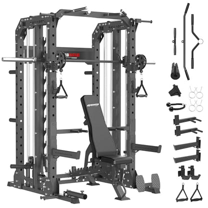 Smith Machine, 2600LBS Squat Rack, 7-in-1 Home Gym Cage with Adjustable Safety Bars, Pull-Up & LAT Pulldown - color: Black, size: P107 Smith Machine with Bench