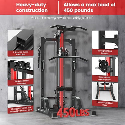Pull Up Bar Power Tower Dip Station with Cable Machine, 450LB Home Gym | Pull up bar, dip station and 16-position cable system for pull ups, dips, lat pulldowns, rows and full-body training - color: Black-02