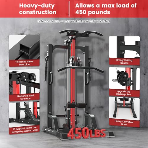 Pull Up Bar Power Tower Dip Station with Cable Machine, 450LB Home Gym | Pull up bar, dip station and 16-position cable system for pull ups, dips, lat pulldowns, rows and full-body training - color: Black01