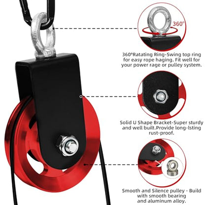 LFJ Aluminum Alloy Cable Pulley with Swing Strap Carabiner, 90mm Pulley Wheel for LAT Pulley System DIY Pull Down Attachment,Ladder Lift,Home Gym Equipment - color: Red-2Pack