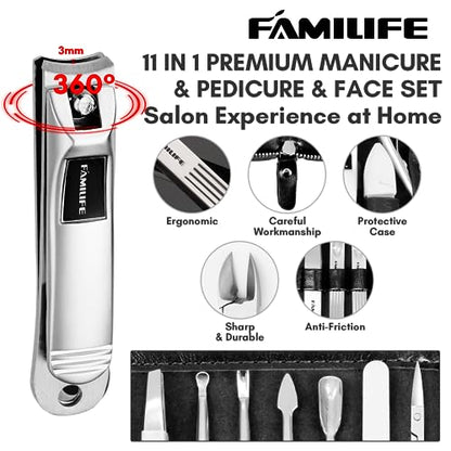 Manicure Kit, FAMILIFE Professional Manicure Set Nail Kit, 11 in 1 Stainless Steel Nail Clippers Set, with Portable Black Leather Travel Case Luxury Gifts for Him - color: Black