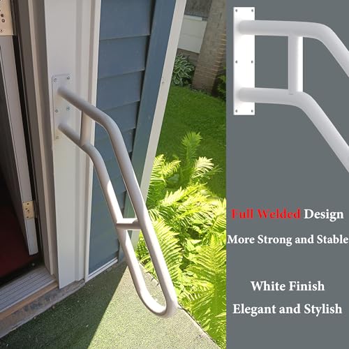Upgraded Stair Handrails for 1-3 Steps, Bent Handrails for Outdoor Steps | 27" Wall Mounted Stair Railing U-Shaped Safety Grab Bar with 2 Anti-Skid Crossbar for Garage, Porch, Garden, Yard - size: 27 inch, style: Bent White 1 Pack