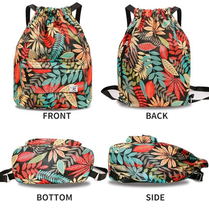Waterproof Drawstring Bag, Gym Bag Sackpack Sports Beach Backpack for Men Women - color: 03-red Leaf