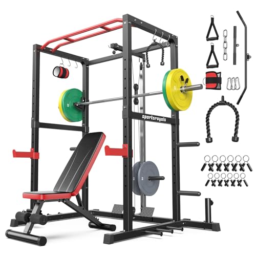 SPORTSROYALS Power Rack, Multi-Functional Power Cage, Squat Rack with Pulley System & LAT Pull Down, Workout Cage with J Hooks for Home Gym - color: Red, style: 140LB Colorful Package with BC