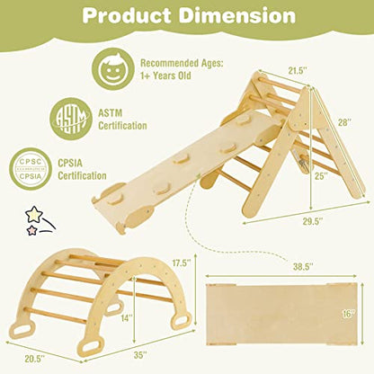 Costzon Climbing Toys for Toddlers, 5 in 1 Foldable Montessori Wooden Arch Climber Ladder with Sliding Ramp, Multi-Combination Methods, Kids Triangle Climber Play Gym Set for Boys Girls Present - style: 5 in 1 Arch Climber Ladder, Natural