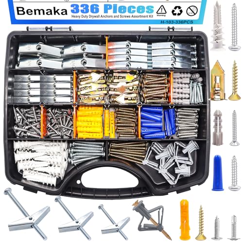336Pcs Toggle Bolts Heavy Duty Drywall Anchors and Screws Assortment Kit, 11 Sizes Metal & Plastic Wall Anchors Kit with Screw, Wall Hanging Kit for Art Decor Shelves Picture Mirror Curtain - color: Silver - 11 Sizes Assortment Kit