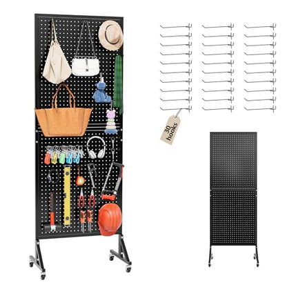 2 x 5.5 FT Metal Pegboard Display Stand with Wheel & Leveling Feet | Peg Board Panels Display Rack with 30 Hooks for Retail Store, Craft Show, Garage, Jewelry Organizer, Black - color: Black