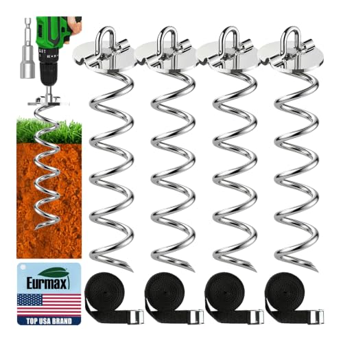 Eurmax USA 4-Pack Spiral Ground Stakes,Anti-Rust High Wind Trampoline Stakes Anchors,Heavy Duty Screw-In Anchor Kit with Tie Down Straps for Dog Tie-out,Trampoline,Tents,Tarps,Carports and more,Silver - color: Silver, style: U Head