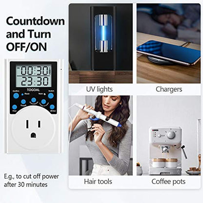 Digital Infinite Repeat Cycle Timer Plug with Countdown and 24 Hour Daily on-Off Programs for Electrical Outlets, Lights, Hydroponic Pumps (120V, 15A) [2 Pack]