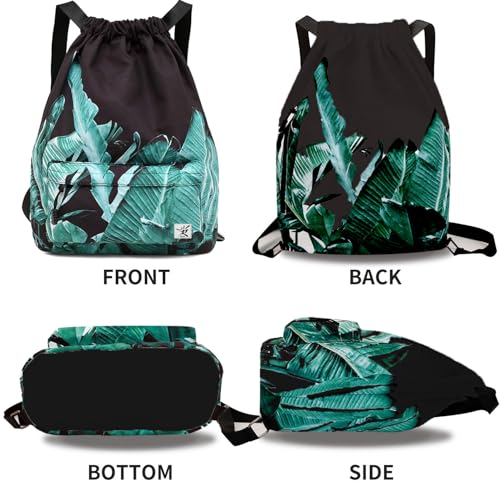 Waterproof Drawstring Bag, Gym Bag Sackpack Sports Beach Backpack for Men Women - color: 05-black Banana Leaves