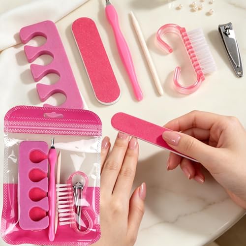 6 Piece Manicure Kit, Portable Nail Care Set with Case, Metal Pusher Nail File Clipper Brush Finger Separator, Travel Tool Set, Rose Red
