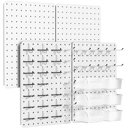 Steel Pegboard Tool Wall Organizer, 4 Pack 14.76 x 10.82 in, 6 Bins, White | 6 clear storage bins organize screws and small parts; 36 hooks and 30 peg locks keep garage tools sorted and easy to reach. - color: White, size: 14.76"x10.82"- 4 Pcs
