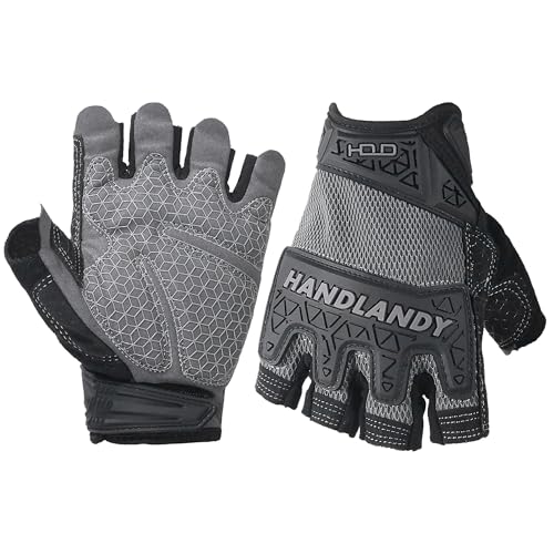 HANDLANDY Fingerless Work Gloves for Men, Padded Half Finger Tactical Mechanics Gloves, Utility Trucker Driver Gloves (Grey, Medium (Pack of 1)) - color: Grey-upgrade, size: Medium (Pack of 1)