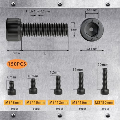 M3 x 8mm 10mm 12mm 16mm 20mm Hex Socket Head Cap Screws Bolts, 12.9 Grade Alloy Steel, Black Oxide Finish, Fully Threaded, Metric Allen Hex Drive, Assortment Kit 150Pcs - size: Hex Socket Head M3x8, 10, 12, 16, 20mm(150pcs)