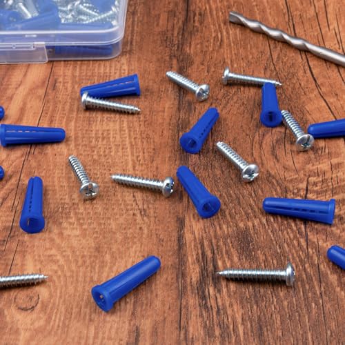#10-12 Wall Anchors and Screws Kit, 220PCs Drywall Anchors for Drywall Brick Masonry Stucco Concrete, 110 Plastic Concrete Anchors and 110 Wood Screws, Drywall Anchors for Picture, Curtain Rod - style: 220 PCs