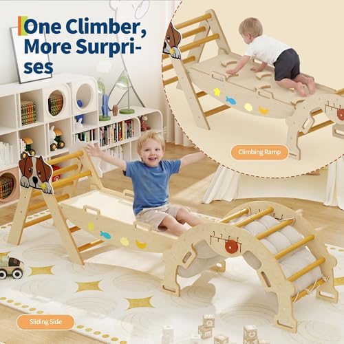 OUTLANE Pikler Triangle Set, 7-in-1 Foldable Wooden Toddler Climbing Toys Indoor, Jungle Gym for Toddlers, Large Montessori Climbing Set with Reversible Slide, Arch Ramp, Ladder & Cushion (Natural) - color: Natural