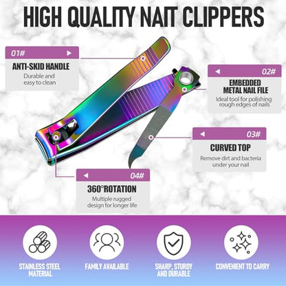 firiKer 2PCS Stainless Steel Nail Clippers,Rainbow Fingernail Clipper and Toenail Clipper, Wide Easy Press Lever Nail Cutter with Swing Out Nail Cleaner/File for Men and Women - color: Rainbow