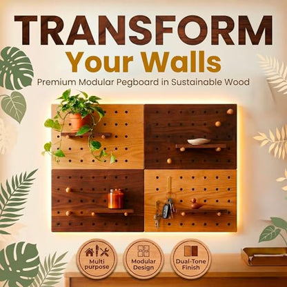 Wooden Pegboard Wall Organizer Kit – Modern Density Wood Peg Board with Shelves & Hooks – 2 Tone Natural & Brown Wood-Look Wall Organizer for Office Setup or Home Decor Storage Rack