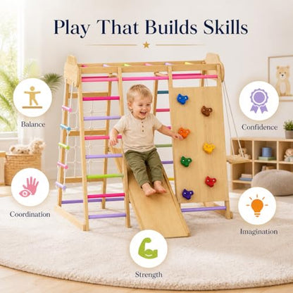 Indoor Playground Jungle Gym Playset, Wooden Pikler Montessori Climber with Slide, Swing, Rope Ladder, Monkey Bars, Climbing Net & Rock Wall, 9-in-1 Toddler Climbing Toy for Kids Indoor Playroom