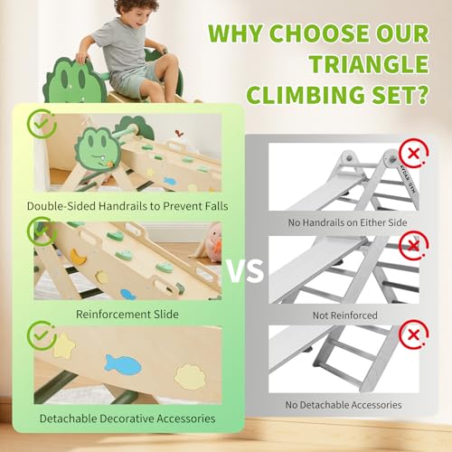 7-in-1 Collapsible Climbing Triangle Climbing Set for Toddlers, Wooden Indoor Jungle Gym Playground with Arch, Ramp & Ladder, Space-Saving, Toddler Climbing Toys– Green - color: Green