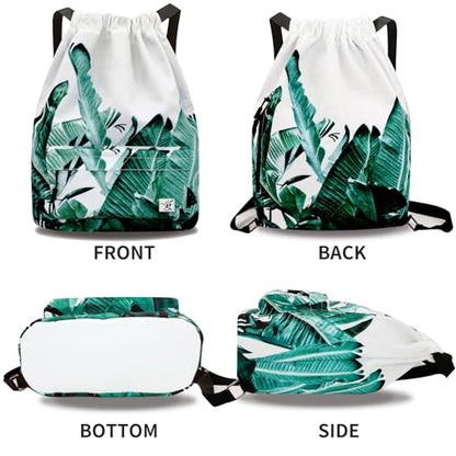 Waterproof Drawstring Bag, Gym Bag Sackpack Sports Beach Backpack for Men Women - color: 06-white Bnana Leaves
