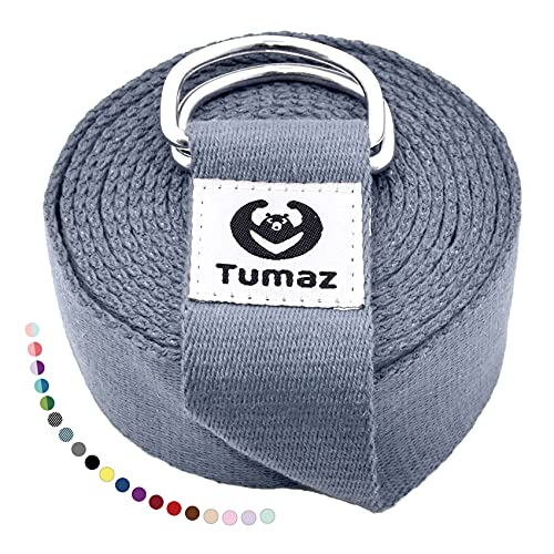 Tumaz Yoga Strap for Stretching with Adjustable D-Ring, 6/8/10 ft | Adjustable D-Ring | Soft Cotton Blend | 15+ Colors | Non-Elastic Yoga Belt for Pilates Stretching & Physical Therapy - color: 12. Gray, size: 10 Feet (with Storage Band)