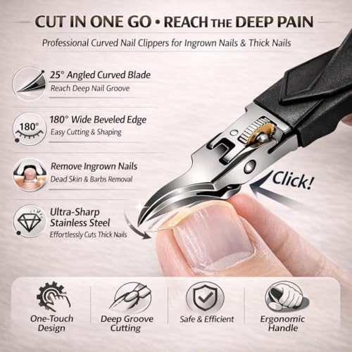 Pro Nail Clipper Set with Gear Lock Black Non Slip Handle Wide Jaw 180 Degree for Thick Nails Ingrown Toenail Clipper Ultra Sharp Stainless Steel Ergonomic Grip Safety Lock Travel Case